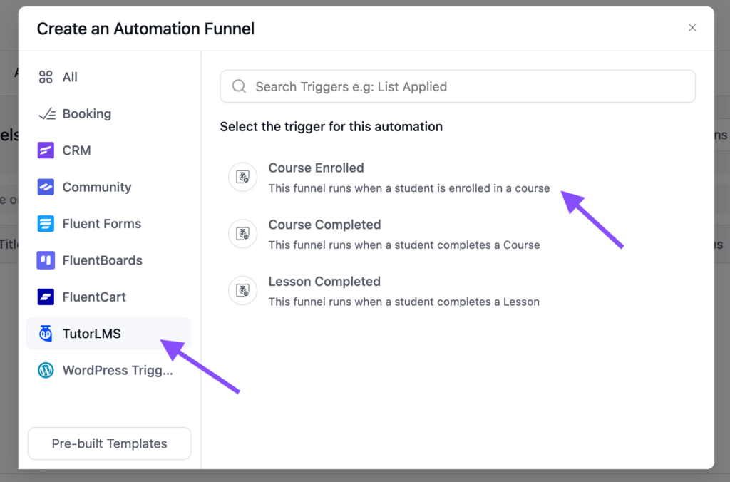 Interface showing TutorLMS triggers for an automation funnel.
