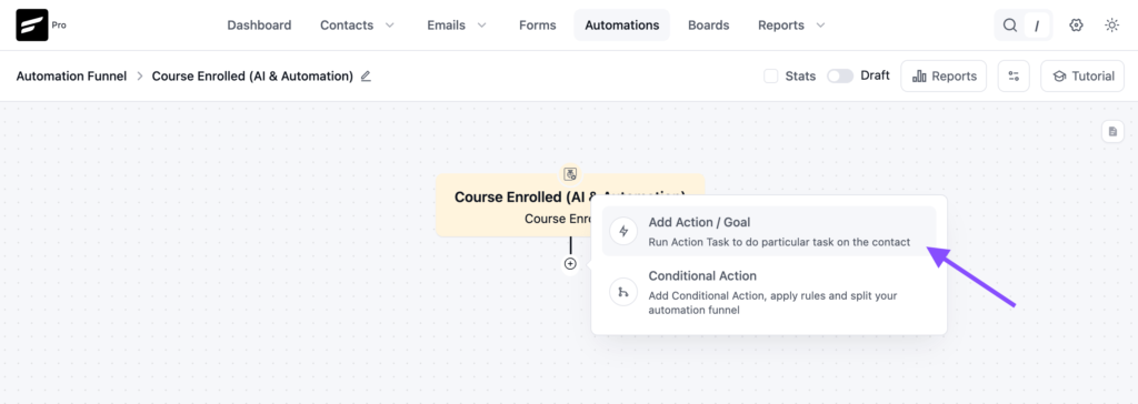 Automation workflow builder showing action menu options.