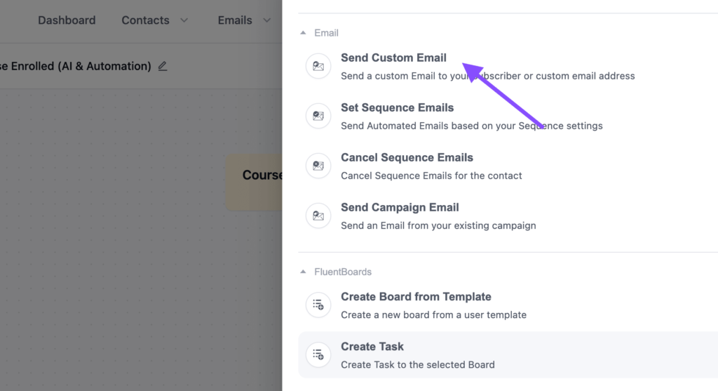 Menu showing the Send Custom Email option in an automation tool.
