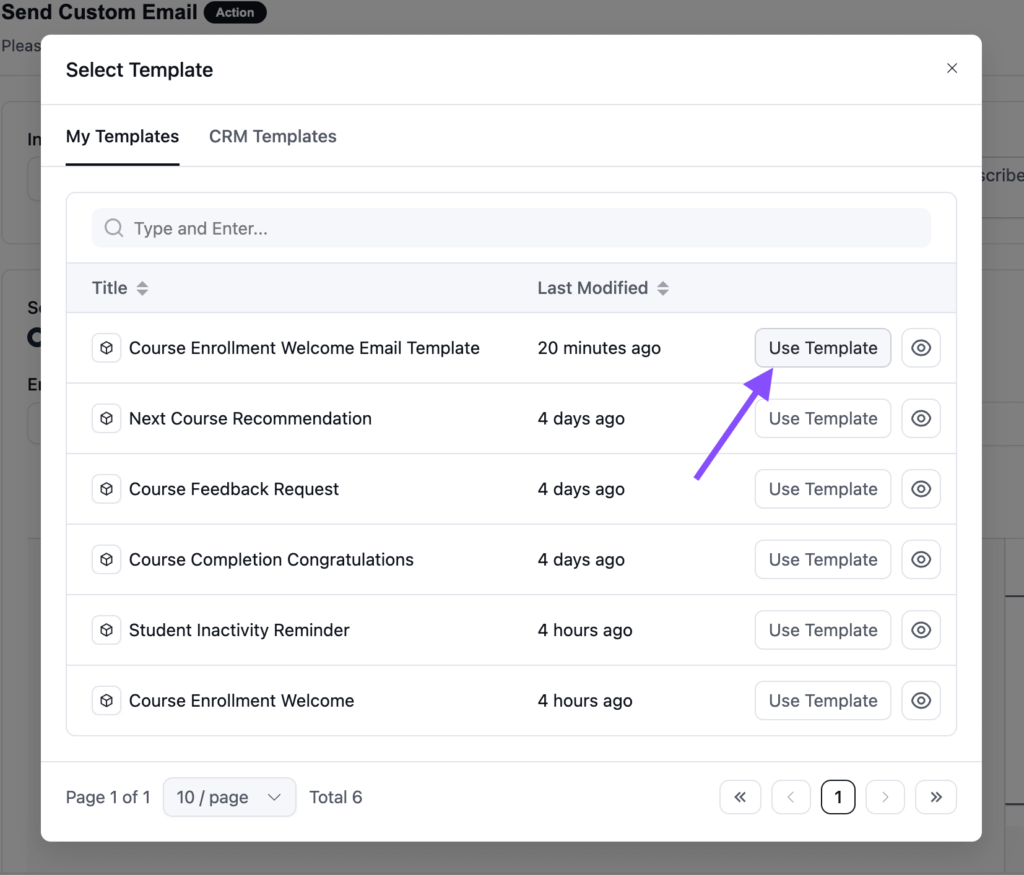 A modal window showing a list of email templates.