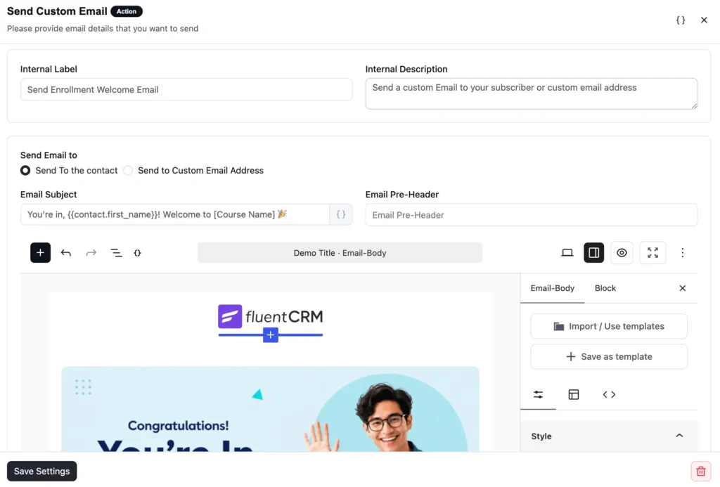 User interface for a custom email marketing campaign creator.