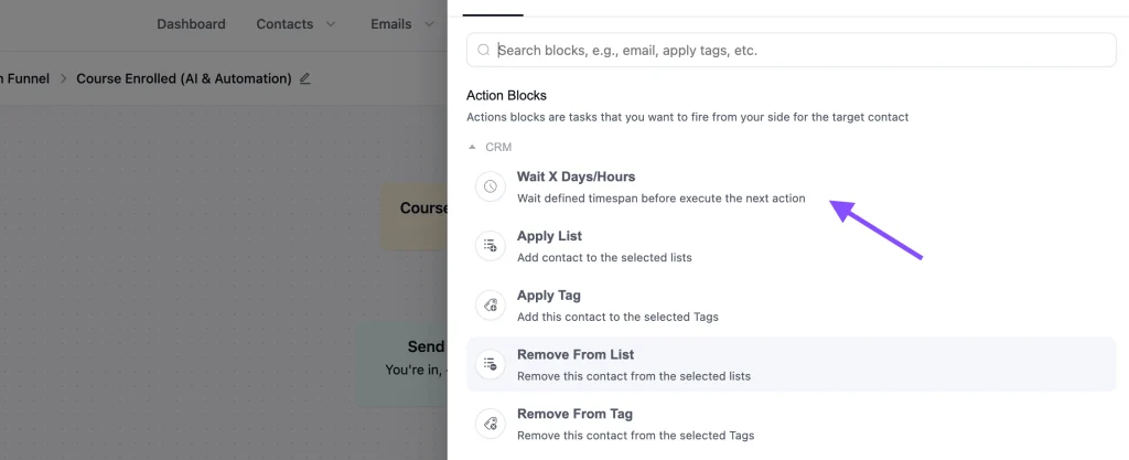 CRM action blocks sidebar showing automation options with a purple arrow.