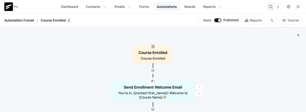 Automation workflow for sending a course enrollment welcome email.