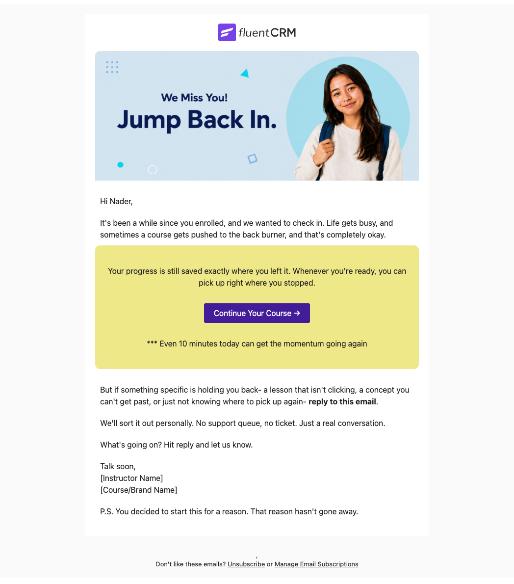fluentCRM re-engagement email encouraging a student to resume their course.