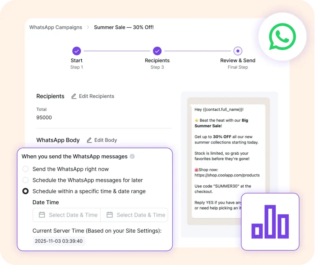 Software interface for creating and scheduling WhatsApp marketing campaigns.