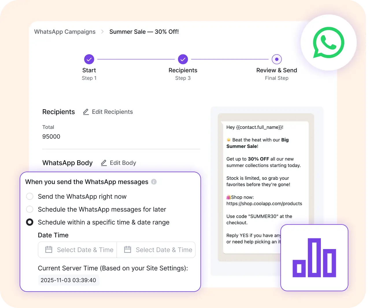 Software interface for creating and scheduling WhatsApp marketing campaigns.