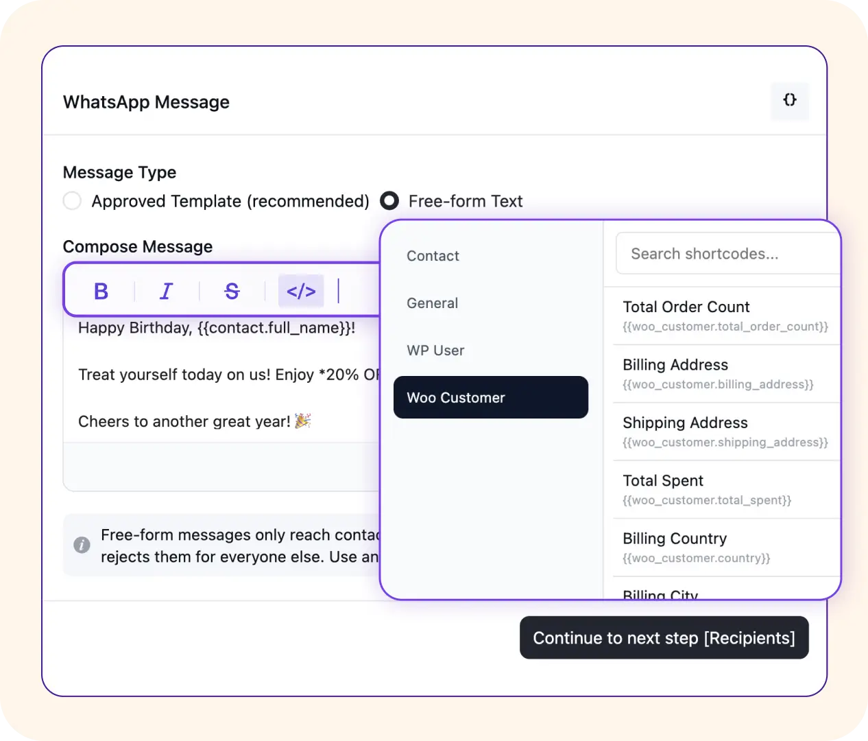 WhatsApp message composer interface with dynamic shortcode options.