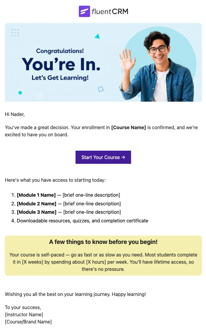 FluentCRM course enrollment confirmation email with student waving hero image.