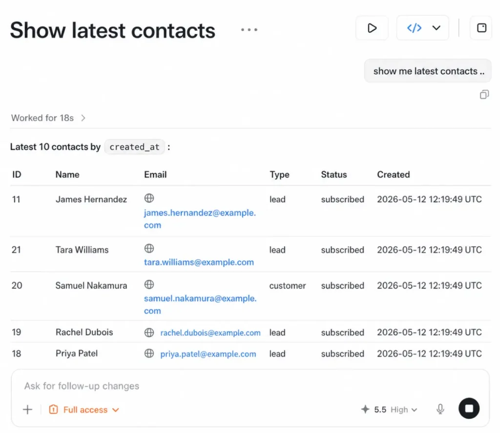 UI showing a data table titled Show latest contacts.