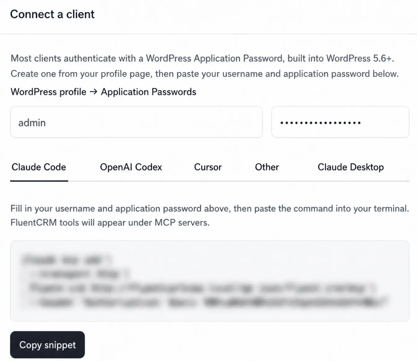 Setup screen to connect an AI client to WordPress.