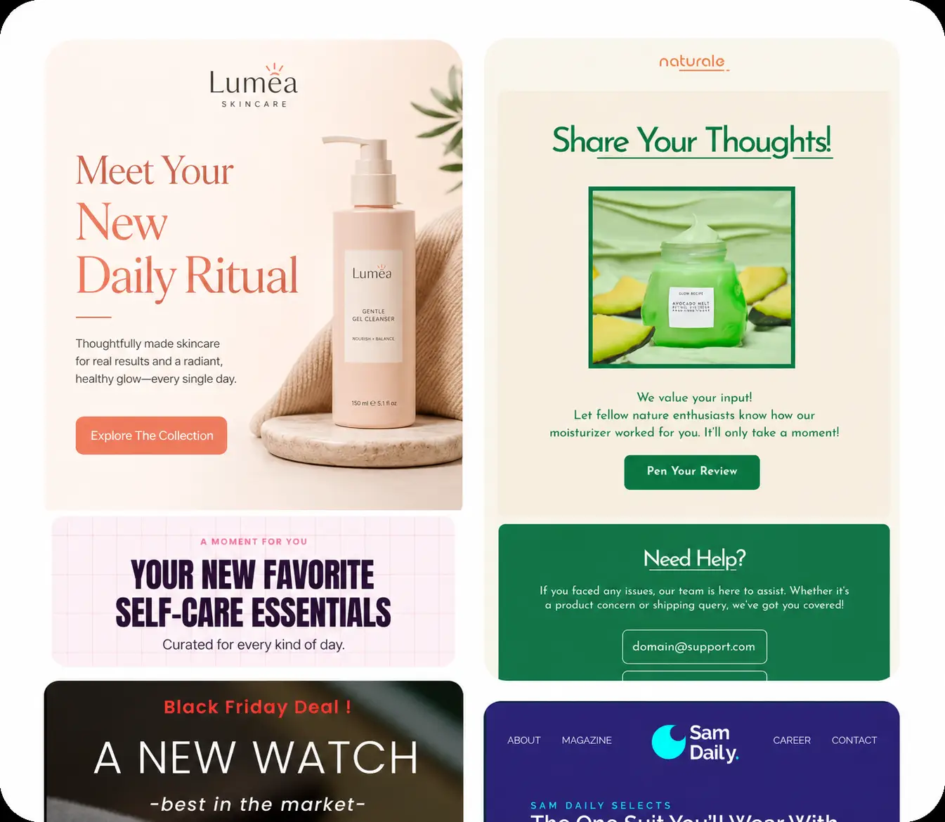 Collage of various skincare and lifestyle brand marketing banners.