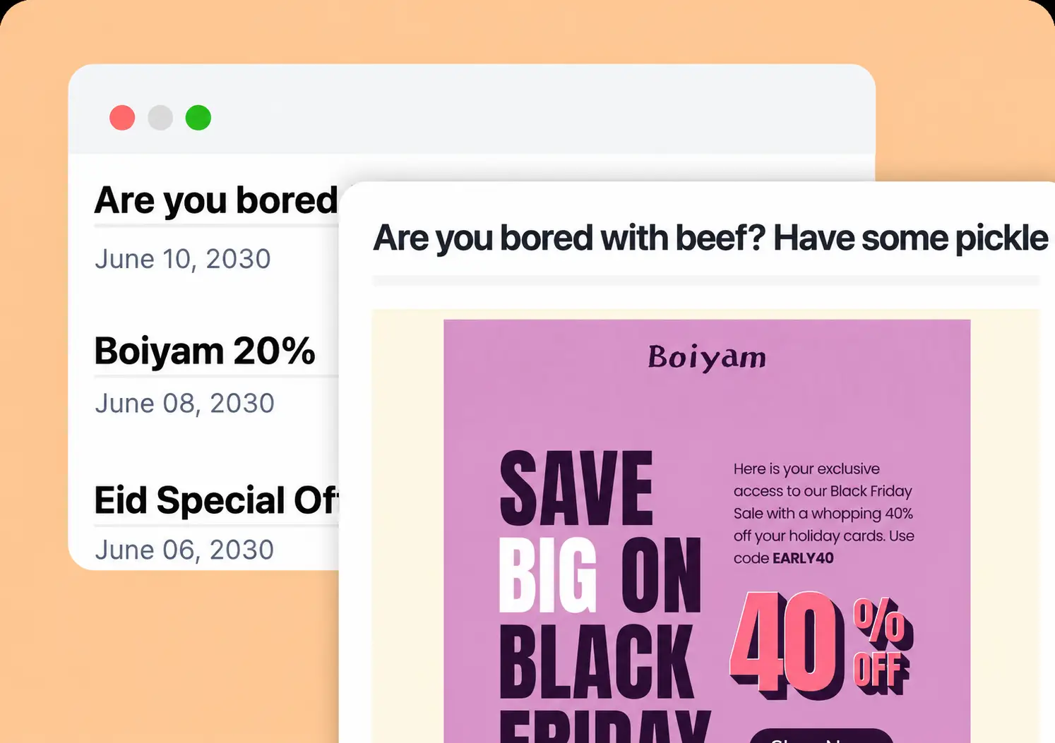 Email notification previews for a Black Friday sale.