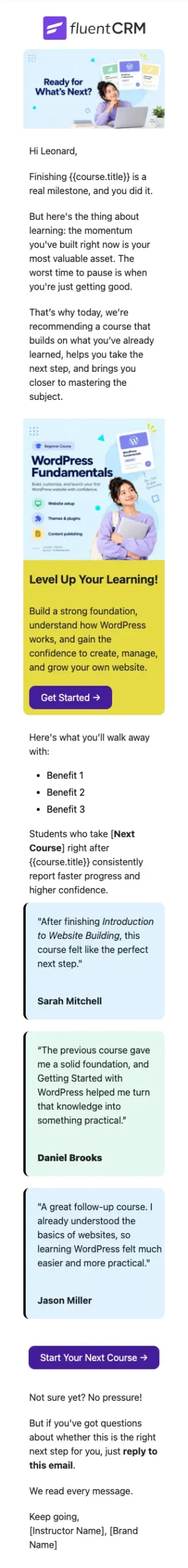 FluentCRM email template promoting a WordPress Fundamentals course.