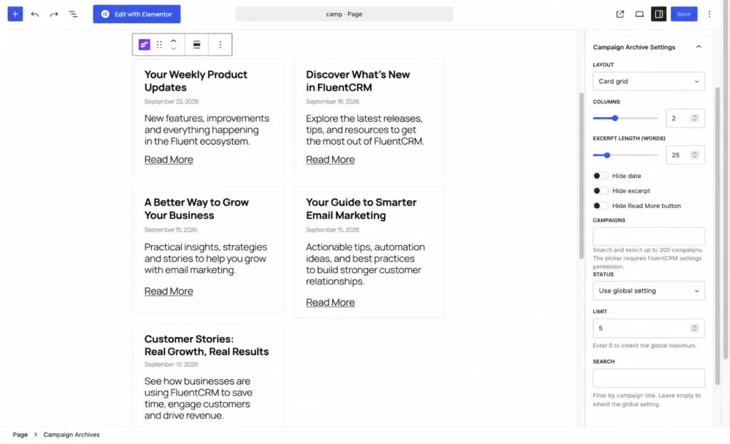 Website editor interface showing a grid of campaign articles.