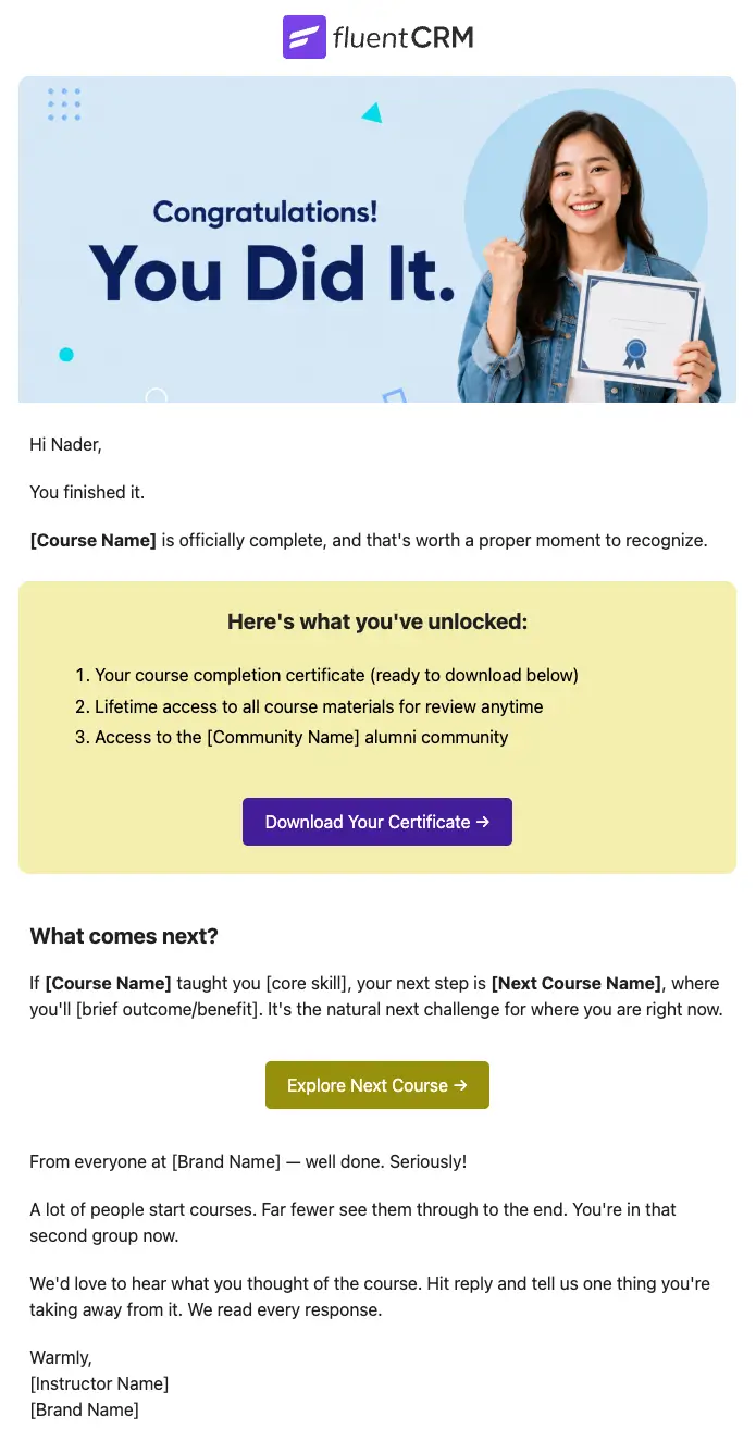 completation congration email