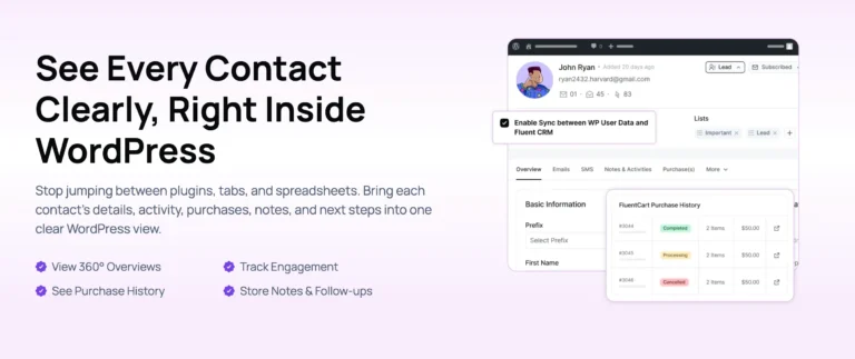 Marketing graphic for a WordPress CRM showing contact management features.