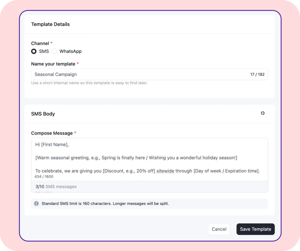 Interface for creating a seasonal campaign SMS template.