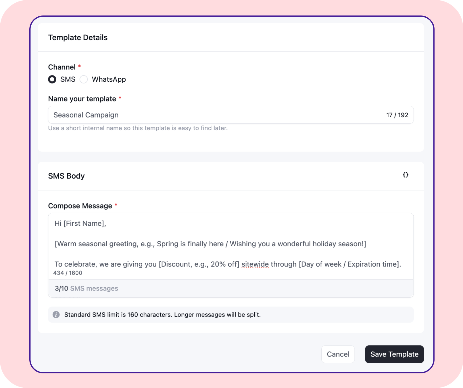 Interface for creating a seasonal campaign SMS template.