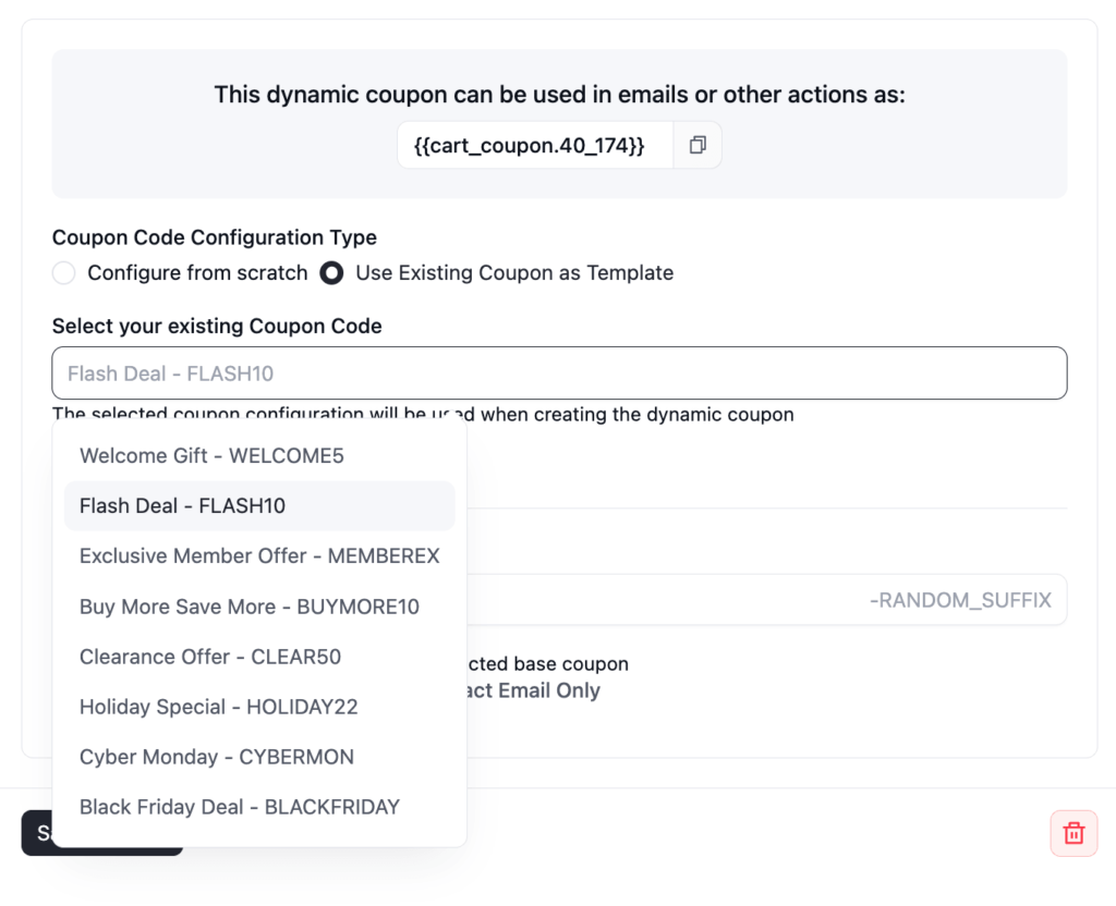 Interface for configuring dynamic coupon codes using templates.