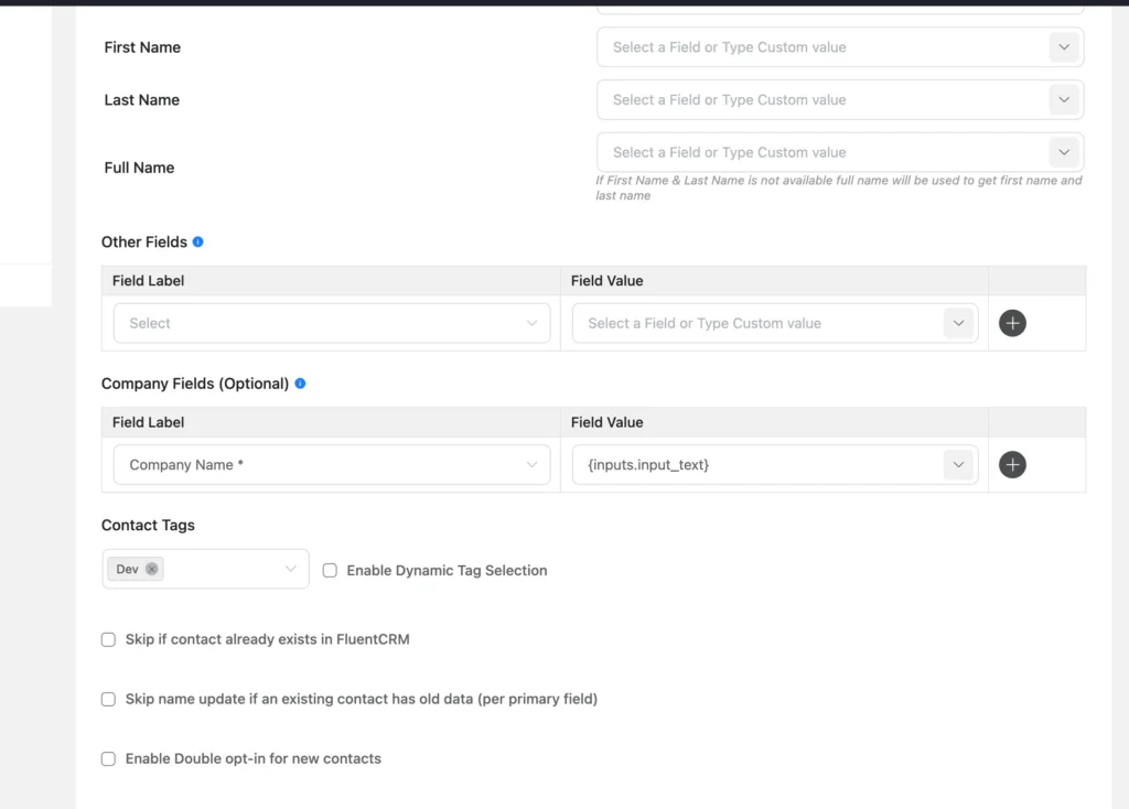 form configuration for company