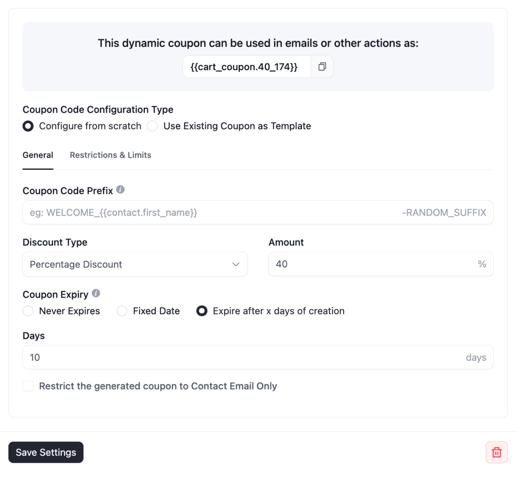 User interface for configuring dynamic coupon code settings.