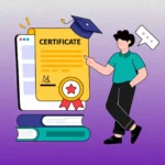 Illustration of a person pointing to a graduation certificate.