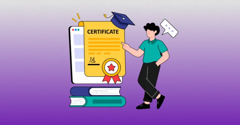 Illustration of a person pointing to a graduation certificate.