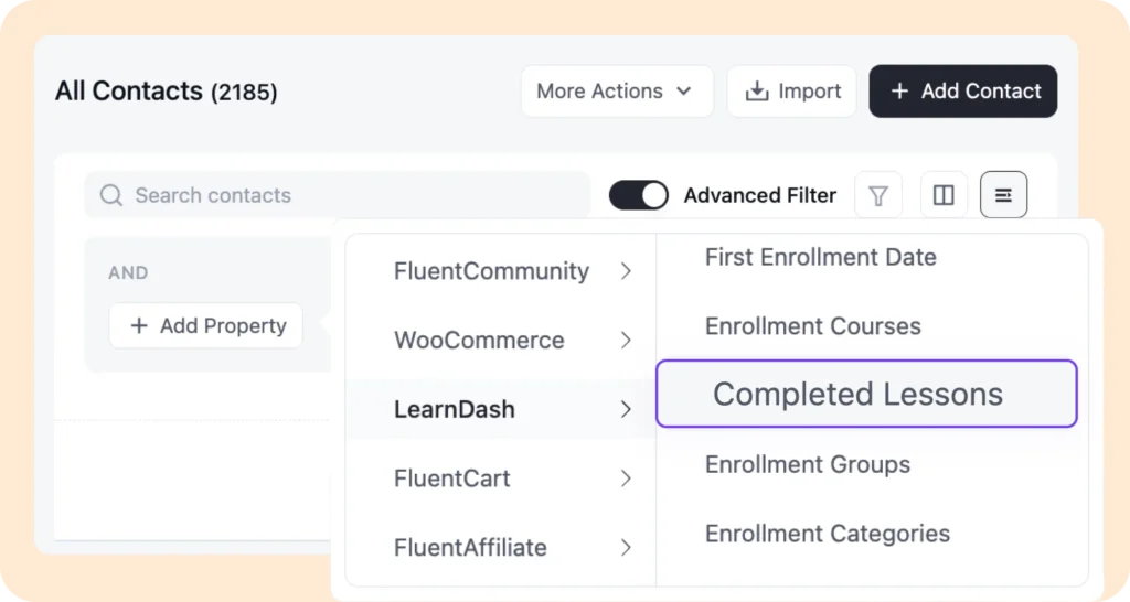 Dashboard showing advanced filtering for LearnDash contact properties.