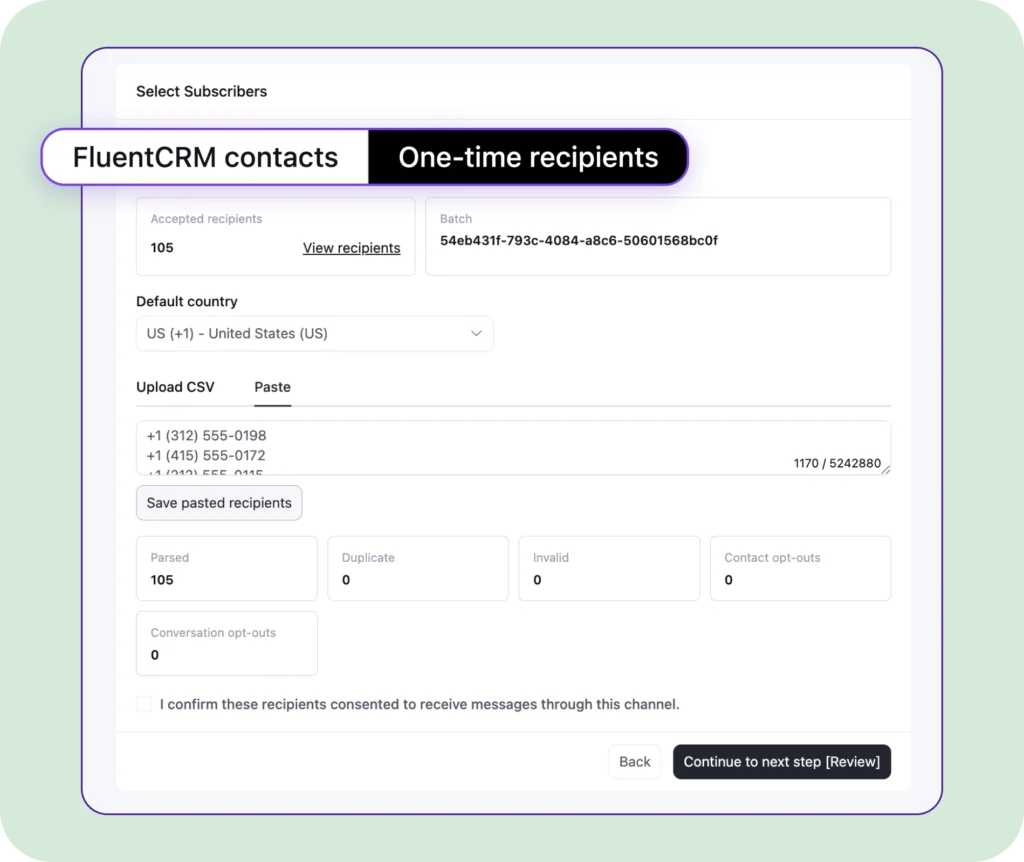 A user interface for selecting one-time recipients in FluentCRM.