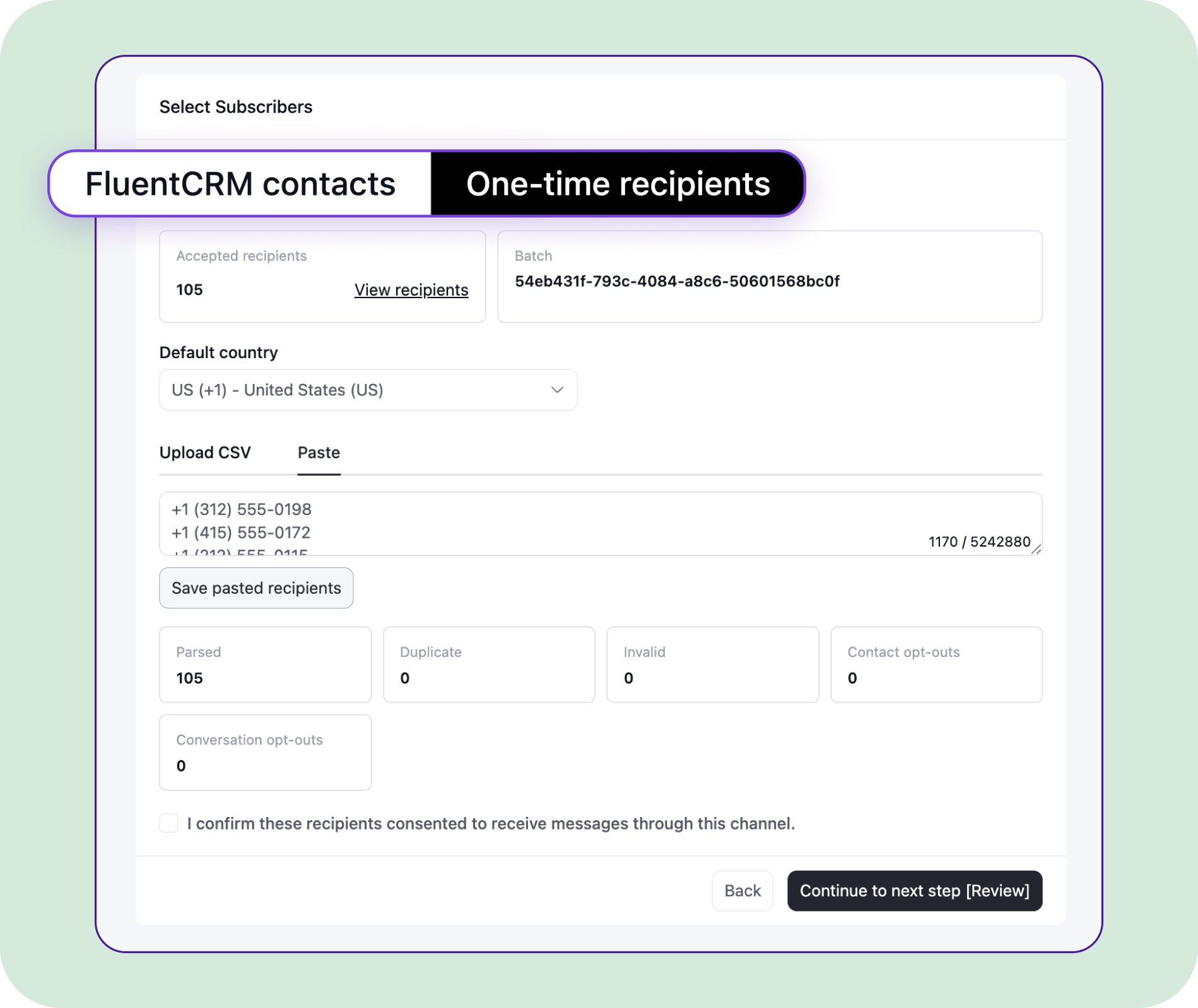 A user interface for selecting one-time recipients in FluentCRM.