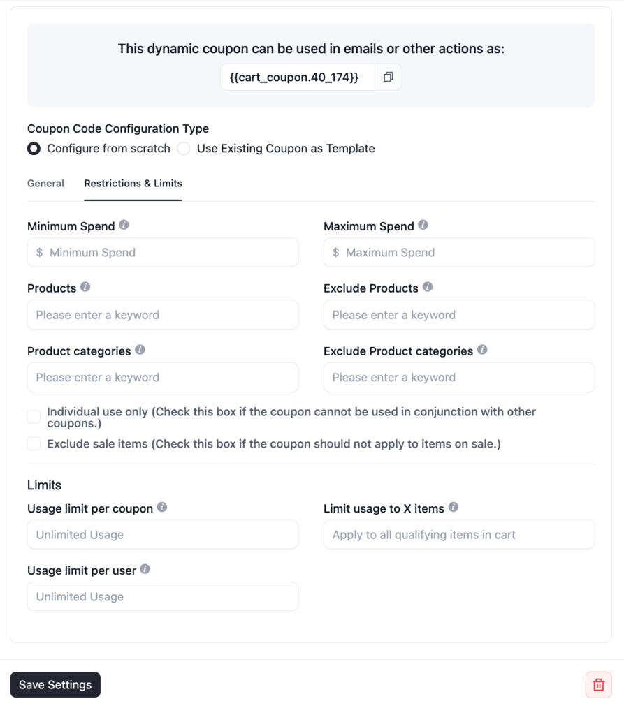 Coupon configuration dashboard for setting restrictions and usage limits.