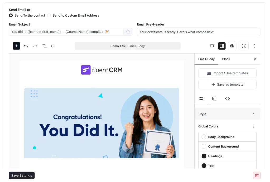 select the Course Completion Congratulations Email template