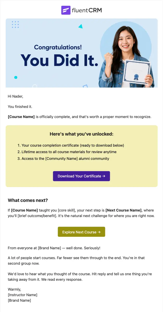 fluentCRM course completion email template with a celebratory banner.