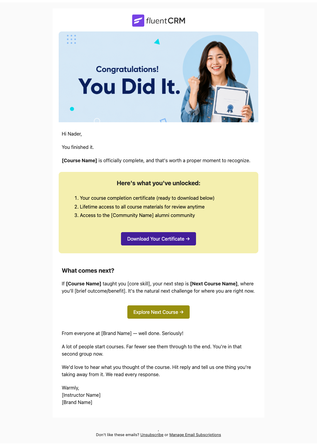 Course Completion Congratulations Email Desktop view