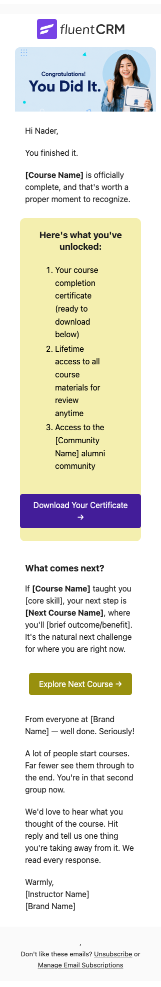 Course Completion Congratulations Email mobile view