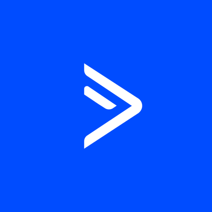 Stylized white right-pointing chevron logo against a blue background.