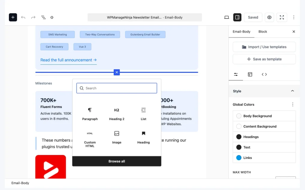 adding content blocks inside the fluentcrm gutenberg email editor 1x