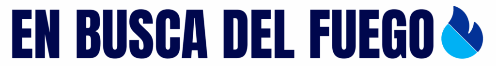 Text logo EN BUSCA DEL FUEGO with blue flame icon.