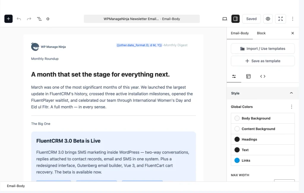 Email builder interface showing newsletter content and design customization tools.