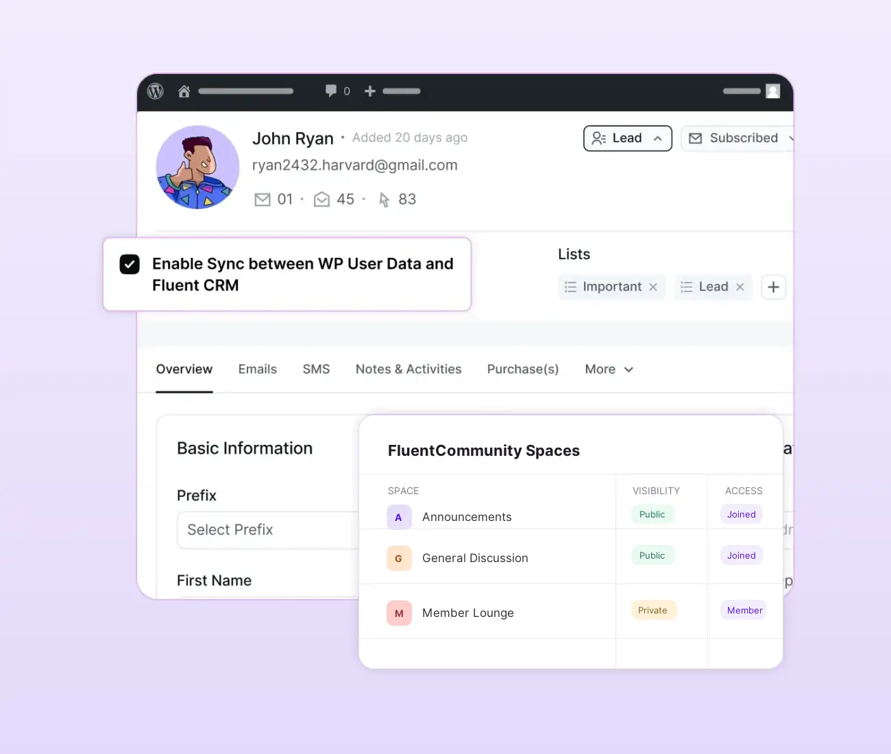 Fluent CRM dashboard showing user data and community spaces sync.