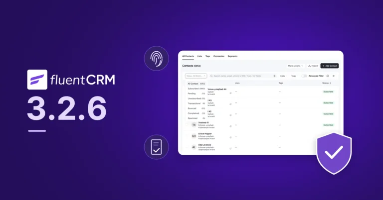 FluentCRM 3.2.6 update dashboard with security and identity icons.