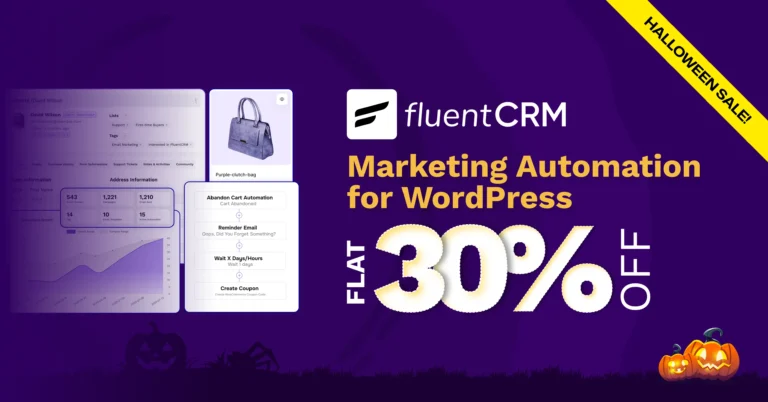 FluentCRM WordPress marketing automation 30% off Halloween sale banner.