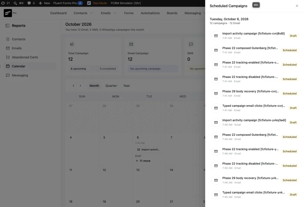 A dashboard showing a campaign calendar and scheduled email list.