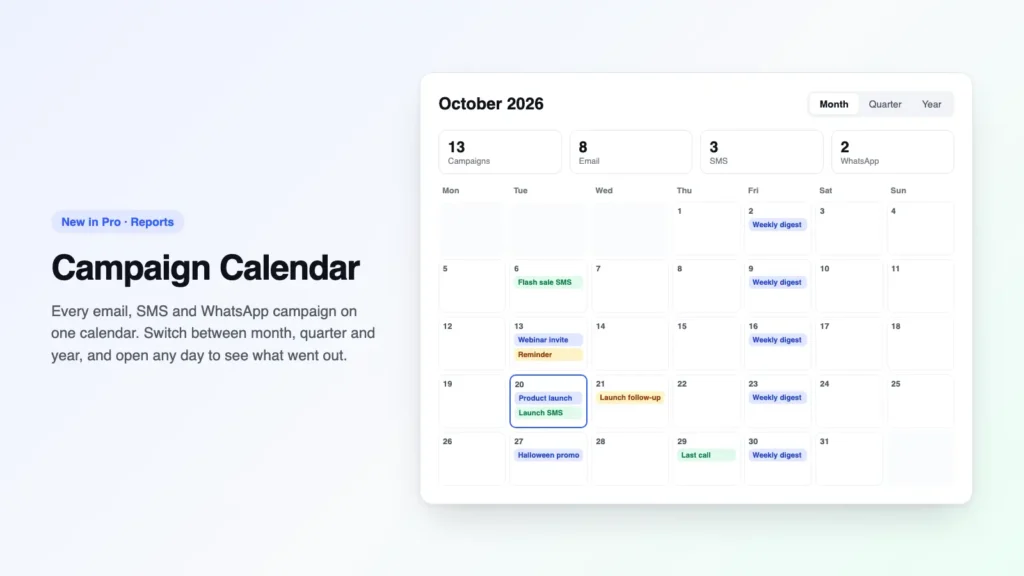 Digital marketing campaign calendar dashboard showing monthly schedule.