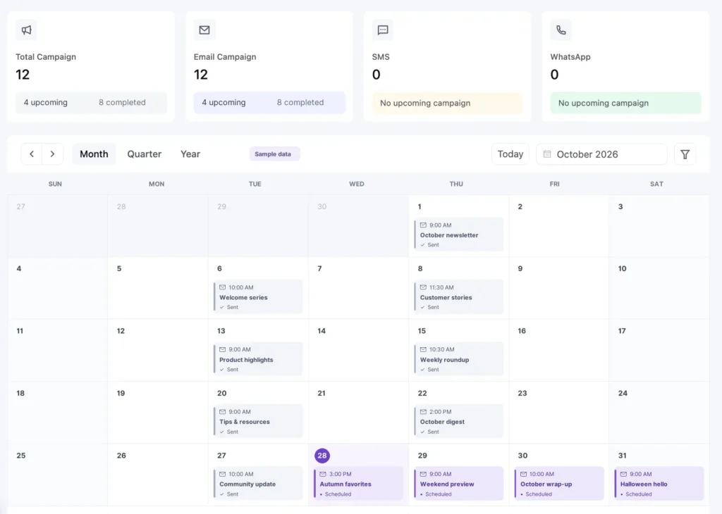 Marketing campaign calendar dashboard showing email schedules for October 2026.
