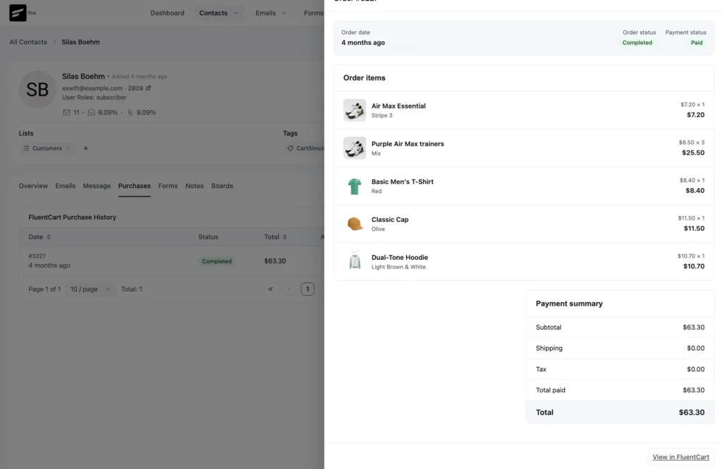 E-commerce CRM dashboard showing contact profile and order details.