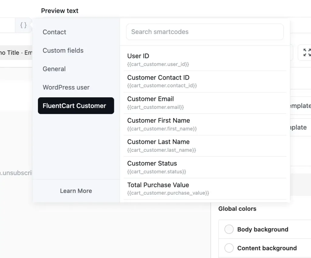 Software interface showing FluentCart Customer smartcode selection menu.
