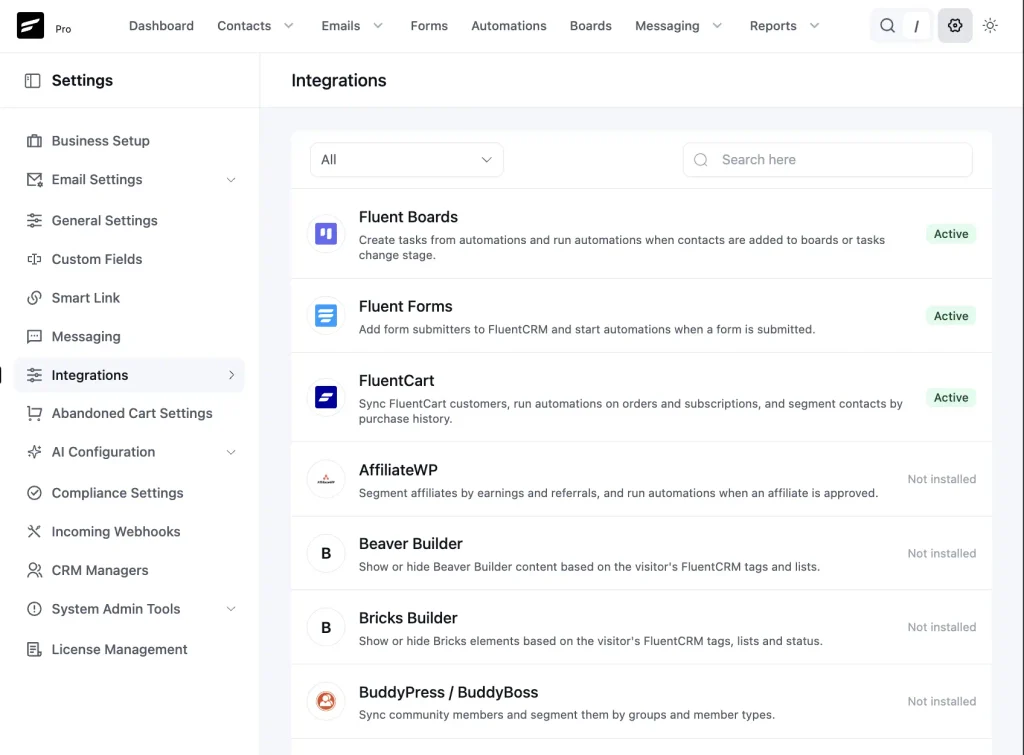 Dashboard interface showing active and available software integrations.