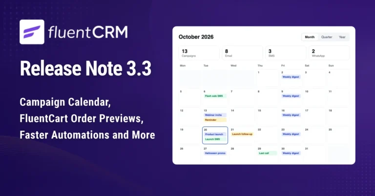 FluentCRM Release Note 3.3 featuring a campaign calendar graphic.