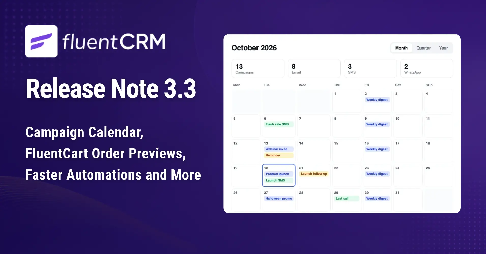 FluentCRM Release Note 3.3 featuring a campaign calendar graphic.